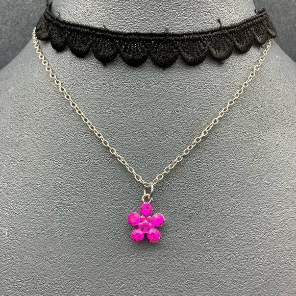 Jewelry - Choker Necklace Black Lace Pink Rhinestone Flower Silver Chain Barbie Retro Glam